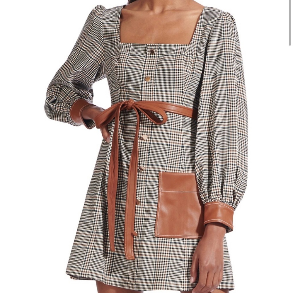 STAUD Oz Plaid Faux Leather-Trim Dress